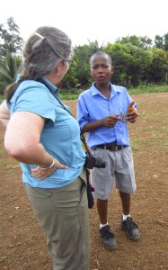 The Peace Club president at Panlap Community Secondary School converses with Libby Hoffman